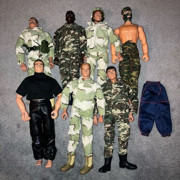 VINTAGE GI JOE ARMY FIGURE 12” BLACK WHITE LOT 7 HASBRO INTERNATIONAL W CLOTHES
